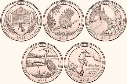 USA 25 c Parki narodowe x5 2015 platerowane złotem